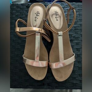 Rose gold strappy wedges, size 9.5